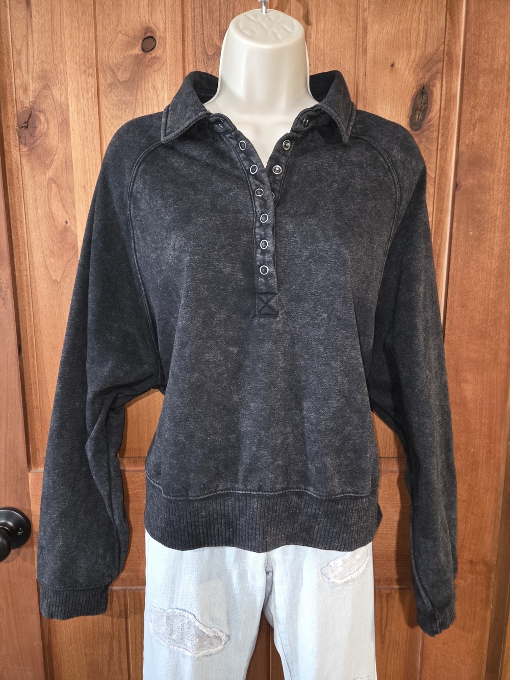 Hippie Rose Washed Black Snap-Front Pullover